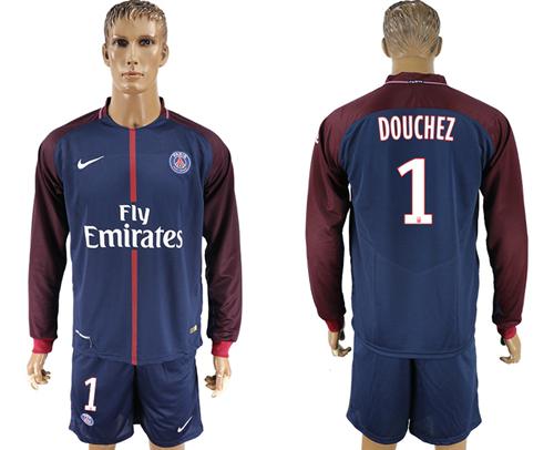 Paris Saint-Germain #1 Douchez Home Long Sleeves Soccer Club Jersey - Click Image to Close